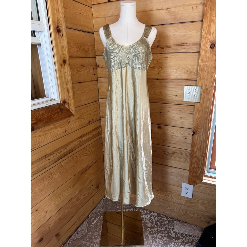 Vintage Gold Satin Slip Dress Womens Large Maxi Lingerie Gloria Vanderbilt